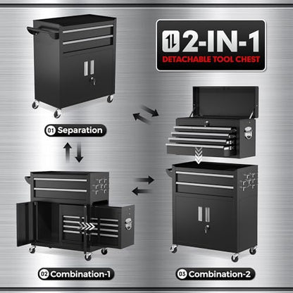 INTERGREAT 8-Drawers Rolling Tool Chest, Assembled Tool Chest with Wheels, Detachable Top Tool Box, Tool Cabinet for Repair Room,Warehouse, Rolling Tool Box with Hooks,Tray Divider,Liners(Black) - color: Black, size: 8 Drawers