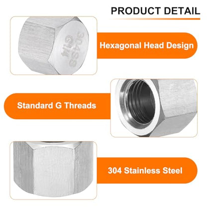 uxcell 4pcs Hex End Cap 304 Stainless Steel Nut with Washer, G1/4" Female Thread Pipe Fitting, Gas Line Water Line Stop Valve Cap Tubing Ends for Plumbing Fittings, Silver Tone - size: G1/4"