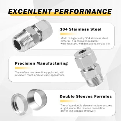 Yoebor Stainless Steel Compression Adapter 1/4" Tube OD x 1/8" NPT Male 2pc - size: 1/4" OD x 1/8" NPT Male