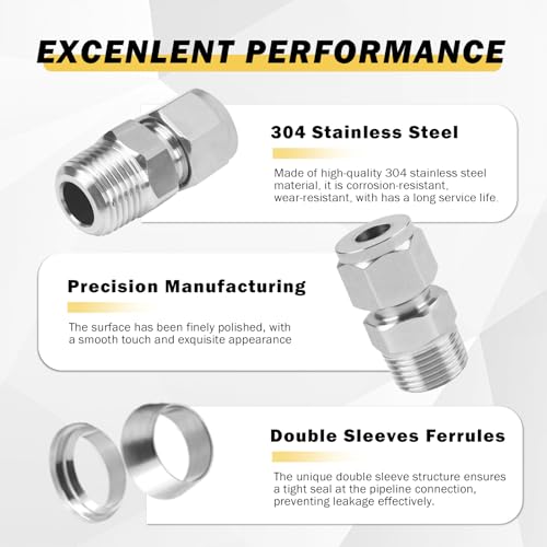 Yoebor Stainless Steel Compression Adapter 1/4" Tube OD x 1/4" NPT Male 2pc - size: 1/4" OD x 1/4" NPT Male
