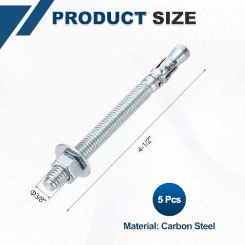 3/8" x4-1/2 Wedge Bolt 5 Pack Carbon Steel Zinc Plated - size: 3/8"x4-1/2"