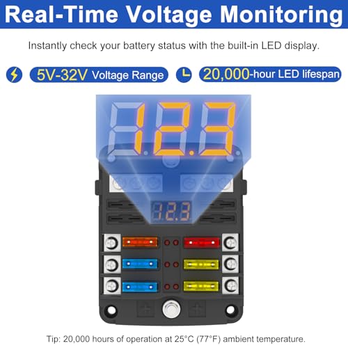 6 Way Fuse Block Box 12V/24V DC, ATC/ATO Fuse Panel with LED Display for Marine Boat Automotive Motorcycle - style: 6 Way-LED
