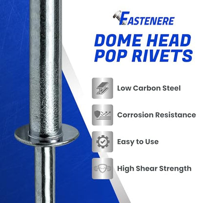 Fastenere Pop Rivets 3/16" x 1-3/8" (25 pcs) Aluminum Body Steel Mandrel - Heavy Duty, Open-End, Low Carbon, Dome Head Blind Rivets, Corrosion Resistant & High Shear Strength, 6-22 Gap 1.250" - 1.375" - size: 3/16" x 1-3/8" (6-22) (25 Pack)