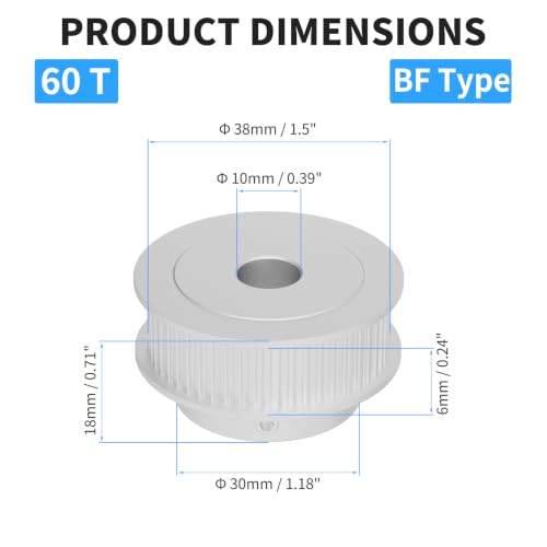 60 Teeth GT2 Timing Belt Pulley, 10mm Bore 6mm Width Synchronous Wheel GT2 Idler Pulley Fit 6mm Belt for 3D Printer Accessories and CNC Machines (2-Pack) - size: 60T 10mm Bore