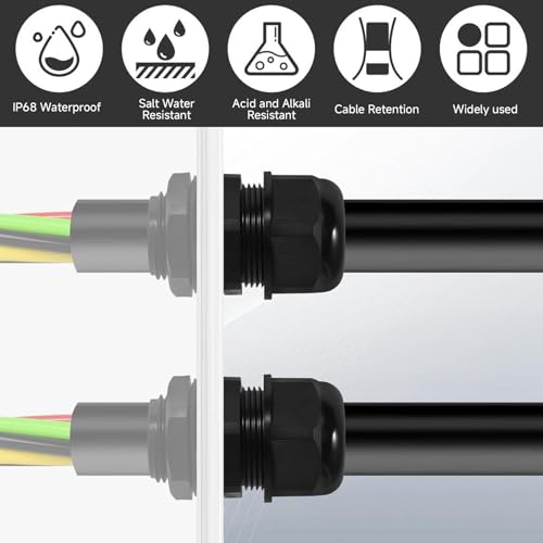 Cable Glands 72 pcs Cable Gland Waterproof joints, Adjustable Black 3-24mm Waterproof Cable Connectors PG7 1/4" 1/2" 3/4" 1" NPT Plastic 4 cable glands and Gaskets in PP Box