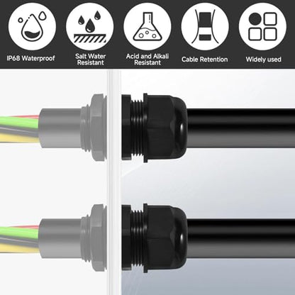 Cable Glands 72 pcs Cable Gland Waterproof joints, Adjustable Black 3-24mm Waterproof Cable Connectors PG7 1/4" 1/2" 3/4" 1" NPT Plastic 4 cable glands and Gaskets in PP Box