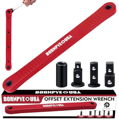 Offset Extension Wrench Set, Impact Ready Socket Wrench Extender Tool with Versatile 1/4", 3/8", and 1/2" Square Drive Adapters (Red)