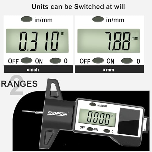 GODESON Digital Tire Tread Depth Gauge, Solar & Battery Power,1" / 25.4mm Range, Inch/MM Display, Black Universal Tire Wear Depth Gauge for All Vehicles (Car, Truck, SUV) - style: IN/MM - Black