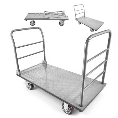 VEVOR 2 in 1Platform Truck, 2650 LBS Heavy Duty Flatbed Cart Dolly with Detachable Rear Guardrail and Swivel Wheels, Foldable Hand Push Truck Cart for Groceries, Garage, Warehouse (48"×24") - size: 48.0 x 24.0 x 36.2 in/1220 x 610 x 920 mm