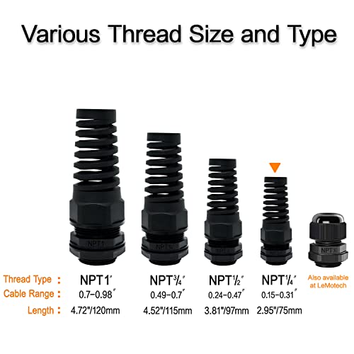 LeMotech 10Pcs NPT 1/4" IP68 Waterproof Cable Gland Flex Spiral Strain Relief Black Nylon Joint with Gaskets for 4-8mm Wire Thread - color: Black, size: NPT 1/4" (10-Pack)