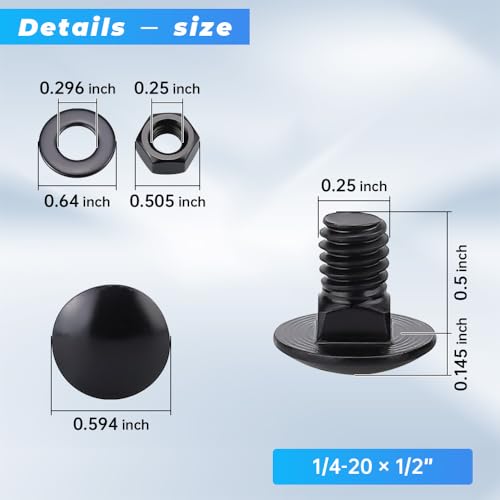 Glvaner (10 Sets) 1/4-20 x 1/2" Stainless Steel Carriage Bolts Screws Black and Hex Nuts & Flat Washers Black, Round Head Square Neck, 304 Stainless Steel 18-8, Full Thread Coverage - size: 1/4-20 x 1/2"
