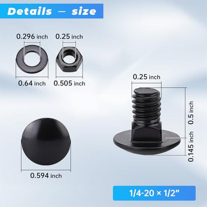 Glvaner (10 Sets) 1/4-20 x 1/2" Stainless Steel Carriage Bolts Screws Black and Hex Nuts & Flat Washers Black, Round Head Square Neck, 304 Stainless Steel 18-8, Full Thread Coverage - size: 1/4-20 x 1/2"