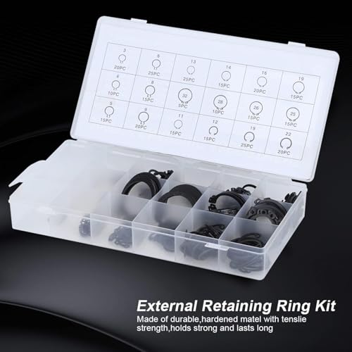 300Pcs Snap Ring Set, 2-32mm/0.08-1.26in E Clip Circlip Kit External Retaining Ring Assortment Set with Plastic Storage Case Metal Auto Parts Repair for Bearings Gears Pulleys