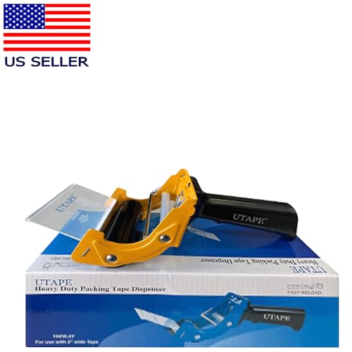 Packing Tape Dispenser, Fast Reloader Handheld Tape Dispenser, 3 inches Tape Dispenser for Moving Tape Refills, Durable Ergonomic Industrial Beta Machine for Packing & Moving Boxes, Yellow