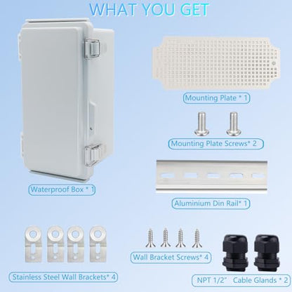 IP67 Waterproof Junction Box, ABS Plastic Electrical Enclosure with Stainless Steel Latch, Hinged Cover Electric Box with Mounting Plate, Wall Brackets & Cable Glands 200x100x110 - color: Grey, size: 7.9"x3.9"x4.3"
