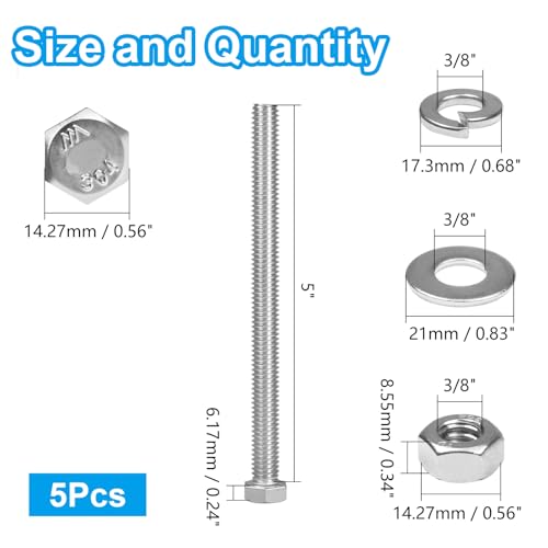 MroMax 5 Sets 3/8-16 x 5 Hex Head Screw Bolt, Nuts, Flat Washer & Spring Lock Washers Kits,Fully Threaded, Stainless Steel 18-8（304）, Bright Finish - size: 3/8-16 × 5" (5 Sets)