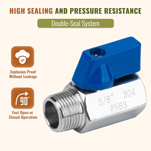 2 Pack 3/8" Mini Ball Valve, 304 Stainless Steel Valve NPT Female x Male Thread Shut-Off Valves for Small Compact Space (2, 3/8 Inch) - size: 3/8 Inch