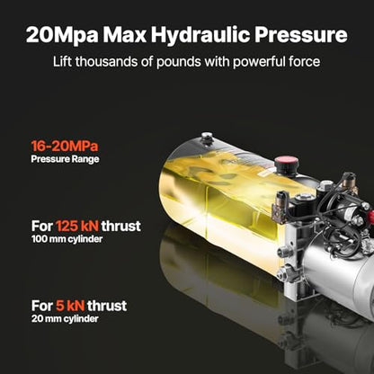 VEVOR 8 Quart Hydraulic Power Unit, Double Acting Dump Trailer Pump, 3200 PSI Max Relief Pressure & 0.91 GPM Flow Rate, DC 12V Hydraulic Pump with Metal Reservoir for Dump Trailer Car Lifting