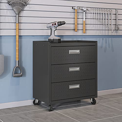 Manhattan Comfort Fortress 31.5-Inch Rolling Garage Tool Chest, 3-Drawer Lockable Mobile Storage Cabinet, Diamond-Textured Steel Utility Organizer with Wheels for Basement, Workshop in Charcoal Grey - color: Charcoal Gray, style: 3-Drawer