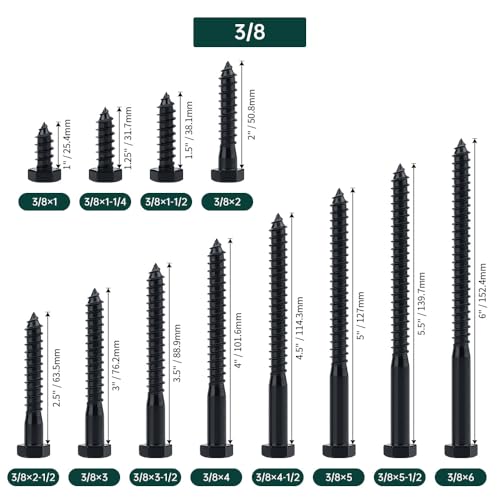 3/8 x 5 Black Hex Head Lag Screws Bolts (8 pcs), 304 Stainless Steel 18/8, Black Oxide Coated, Partial Thread, Deck Screws, Heavy Duty Hex Head Wood Lag Screws, Fayeploo - size: 3/8 x 5"