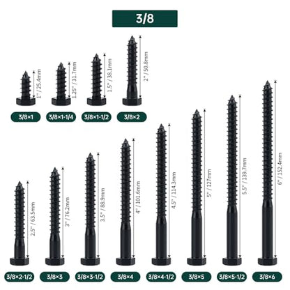 3/8 x 5 Black Hex Head Lag Screws Bolts (8 pcs), 304 Stainless Steel 18/8, Black Oxide Coated, Partial Thread, Deck Screws, Heavy Duty Hex Head Wood Lag Screws, Fayeploo - size: 3/8 x 5"