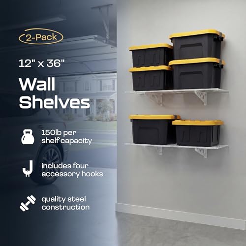 MonsterRax 12x36 Garage Wall Shelf 2-Pack, 300lb, White - color: White, size: 12"x36"