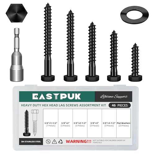 46Pcs 3/8 Hex Head Lag Bolts Screws Assortment Kit, Heavy Duty Lag Screws with Washers, 304 Stainless Steel, 3/8 Bolt for Wood, Fully Thread, Black Oxided with Hex Socket - size: 3/8" x Assorted