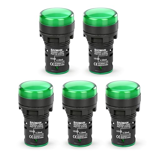 BAOMAIN 22mm LED Industrial Indicator Light,220V AC Pilot Signal Lamp for Industrial Machinery Control Circuits,7/8" Panel Mount, Screw Terminal,Green,5-Pack - color: Green