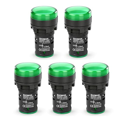 BAOMAIN 22mm LED Industrial Indicator Light,220V AC Pilot Signal Lamp for Industrial Machinery Control Circuits,7/8" Panel Mount, Screw Terminal,Green,5-Pack - color: Green