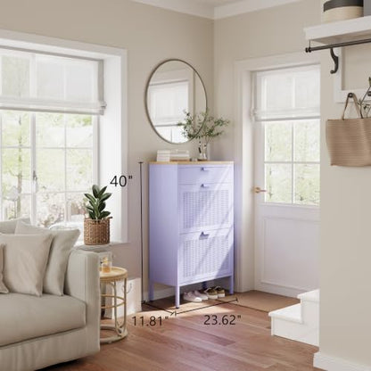 3-Tier Shoe Cabinet with Wood Top and Metal Frame, with Legs, Multi-Functional Metal and Wood Cabinet, Multi-Level Space, Easy Assembly for Home, Entryway, Hallway Purple - color: Lilac, style: Cabinet-40"H-YD