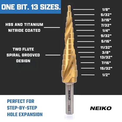 NEIKO 10600A Step Drill Bit, 13 Steps 1/8" to 1/2" Spiral High Speed Steel, Titanium Nitride Coated, 1/4" Tri Flat Step Bits for Steel, Metal, Wood, Plastic, Unibit Cone Drill Bits, Two Flute - size: #1 (1/8 - 1/2", 13S), style: Spiral