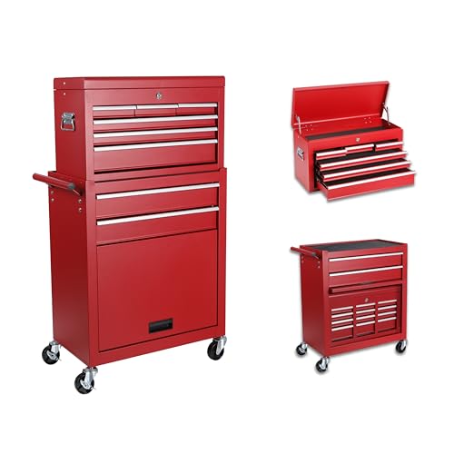 Tool Chest, 8-Drawer Rolling Tool Storage Cabinet with 2 in 1 Detachable Top Tool Box, Liner, Lockable Wheels, Side Hooks,Metal Tool Cart for Garage (8-Drawer Red) - color: 8-drawer Red