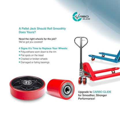 Pallet Jack/Truck FULL SET RED with Axles, Steering Wheels 7"x 2" Pair, Front Load Roller 3" x 3.75" Pair with Bearings ID 20mm Poly Tread Red, Entry Exit Roller and Protective Caps
