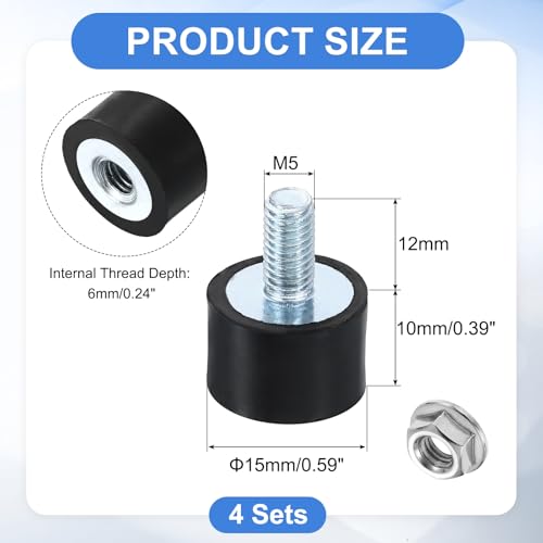 uxcell M5 Rubber Mounts, 4Pcs 15x10mm(DxH) Rubber Cylindrical Anti Vibration Isolator Shock Absorber with Lock Nuts for Car Bobbin Generator Air Compressors - size: M5x12mm, 15x10mm Rubber