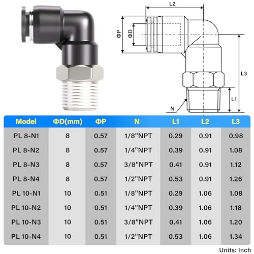 TAILONZ 10mm x 1/4" NPT Push to Connect Elbow Fitting 10Pcs - size: 0.394" OD 1/4" MNPT