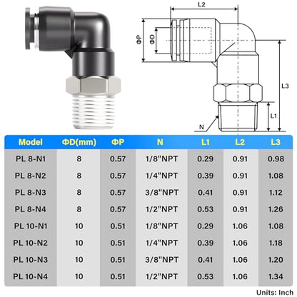 TAILONZ 10mm x 1/4" NPT Push to Connect Elbow Fitting 10Pcs - size: 0.394" OD 1/4" MNPT