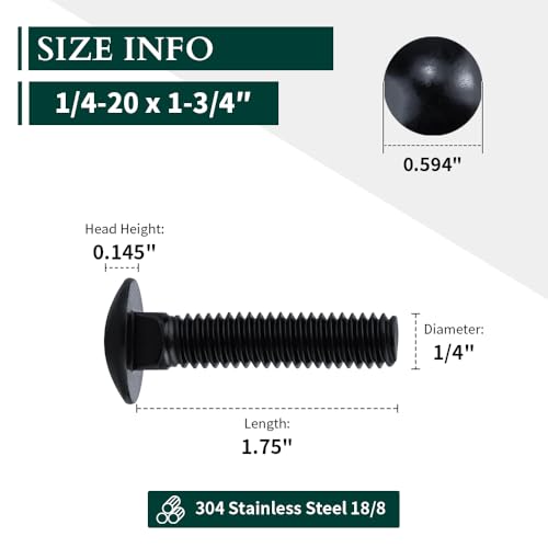 1/4-20 x 1-3/4" (16 Sets) Carriage Bolts Black, 304 (18/8) Stainless Steel Carriage Screws with Hex Nuts and Flat Washers, Square Neck Round Dome Head, Coarse Thread - size: 1/4-20 x 1-3/4"