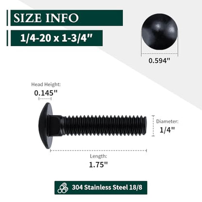 1/4-20 x 1-3/4" Black Steel Carriage Bolts, 304 Stainless Steel 18-8, Round Domed Head Square Neck Carriage Bolts Screws, Coarse Thread UNC, 25 PCS - size: 1/4-20 x 1-3/4"
