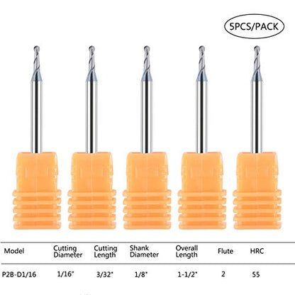 SpeTool 5Pc/Pack 1/16" Cutter Spiral End Mill 1/8" Shank for CNC Machine Milling Toos Router Bits - size: D1/16"