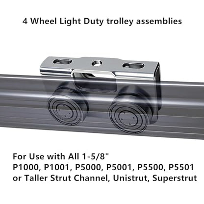 4 Wheel Trolley Assembly Rollers, Upgraded Load & Stable Silent Roller Trolley Compatible with 1-5/8" Wide and Taller Strut Channel, P1000/ P5000 Series (Silver 4 Pack) - color: Silver 4 pack