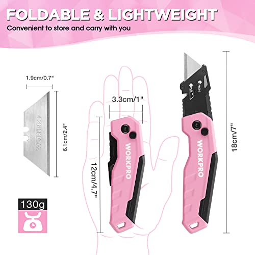 WORKPRO Folding Utility Knife, Quick Change Box Cutter, Pink Ribbon - color: Pink, size: 4.5 inches