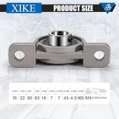XIKE 4 Pcs KP002 Mounted Pillow Block Bearings Bore 15mm/0.59inch. - size: KP002 Bore 15 mm