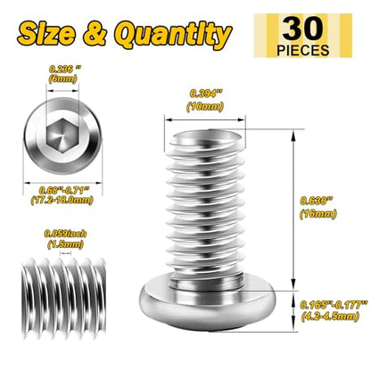 Mywish M10 x 16mm 30Pcs Silver Flat Head Hex Socket Cap Screws Bolts, 304 Stainless Steel Furniture Bolts Full Thread & Hex Spanner - color: Silver-M10, size: 16mm