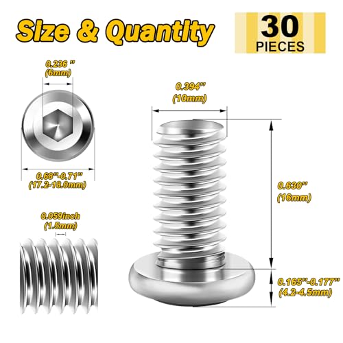 Mywish M10 x 16mm 30Pcs Silver Flat Head Hex Socket Cap Screws Bolts, 304 Stainless Steel Furniture Bolts Full Thread & Hex Spanner - color: Silver-M10, size: 16mm