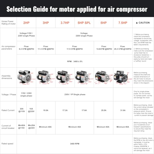VEVOR 2HP Air Compressor Electric Motor, 115/230V, 20/10 Amps, 56 Frame 3450RPM, 5/8" Keyed Shaft, 1.88" Shaft Length, Single Phase, CCW/CW (Factory Setting is CCW) - size: 2P-1.88" Shaft Length