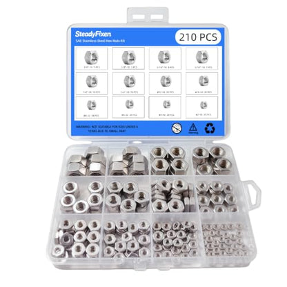 304 Stainless Steel #2-56 to 3/8"-16 Hex Nuts Assortment Kit (#2-56#4-40#6-32#8-32#10-24#12-24 1/4"-20 5/16"-18 3/8"-16) 210 Pieces 9 Sizes - size: 210PCS,#2,#4,#6,#8,#10,#12,1/4",5/16",3/8"