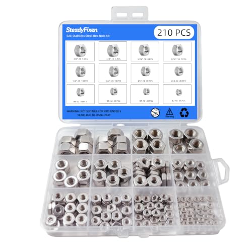 304 Stainless Steel #2-56 to 3/8"-16 Hex Nuts Assortment Kit (#2-56#4-40#6-32#8-32#10-24#12-24 1/4"-20 5/16"-18 3/8"-16) 210 Pieces 9 Sizes - size: 210PCS,#2,#4,#6,#8,#10,#12,1/4",5/16",3/8"