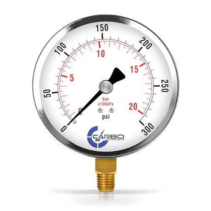 Carbo 300 PSI Dry Pressure Gauge with NIST Traceable Certificate, Calibrated in USA Lab, 4" Dial, 1/4 NPT Lower Mount, ASME Grade A, Steel Case, Brass Wetted Parts, PSI/Bar - size: 0-300 PSI, style: NIST TRACEABLE