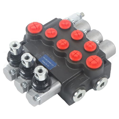 1 Piece Hydraulic Directional Control Valve 3 Spool 11 GPM G Port Adjustable Pressure Relief Lever Handle One-Piece Double Acting Parallel Center 3600 PSI