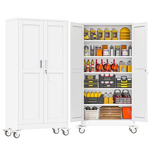 GAIOUS 73.6” Tall Metal Garage Storage Cabinet with Lock, Steel Tool Cabinet with 5 Adjustable Shelves, New Upgrade Lockable File Cabinet with Wheels, Organization for Home Office Garage Gym - White - color: White, size: 17.7"D x 35.4"W x 73.6"H